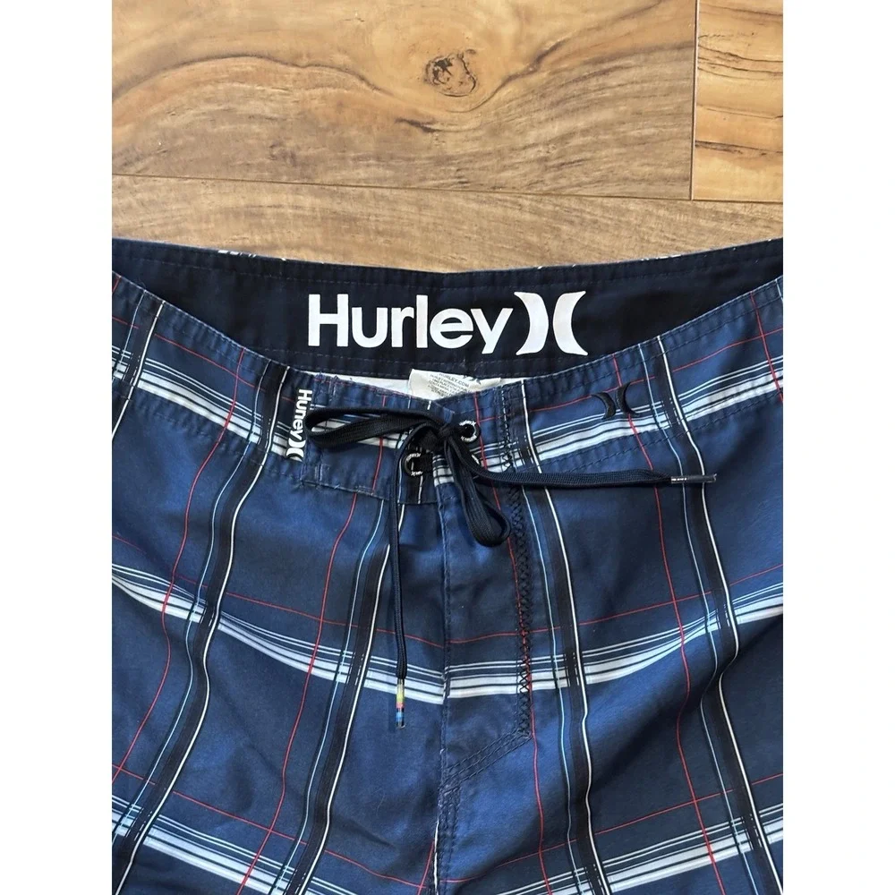 Hurley Board Shorts Men's Size 33 Blue Plaid Retro Surf‎ Vaca